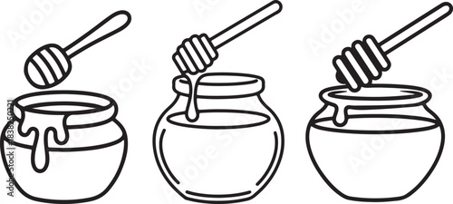 Set of Honey Pot With Wooden Dipper Line Art – Coloring Book Page Vector Illustration