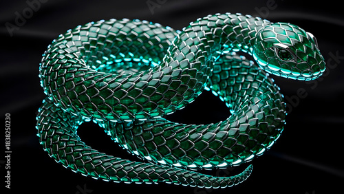 Emerald Green Gemstone Snake Coiled on Black. Luxury Jewelry and Fantasy Art.
