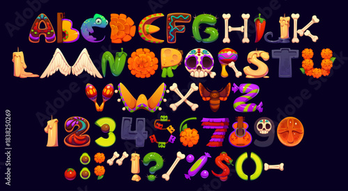 Dead Day font, cartoon Dia de los Muertos typeface, mexican religious type, holiday alphabet. Vector Day of the Dead font letters and numbers set of sugar skull, marigold flowers, guitar and sombrero