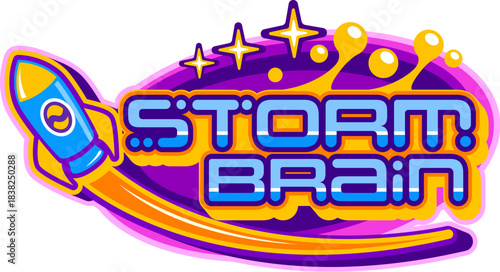 Y2k streetwear brain storm retro label or icon. Apparel graphic Y2K 2000s icon, clothing text vector patch. Brand futuristic sticker with futuristic blue typography and flying rocket spaceship