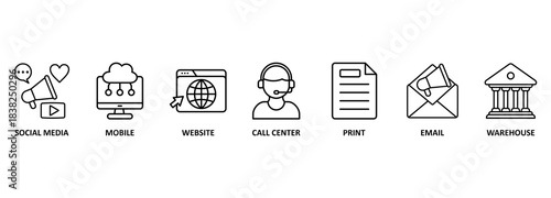 Omnichannel banner web icon vector illustration concept with icon of social media, mobile, website, call center, print, email, and warehouse