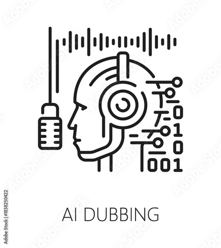 Ai dubbing sound record line icon or symbol. Voice acting artificial intelligence dubbing line icon, movie sound studio vector sign. Audio recording symbol with robot head, binary code and microphone
