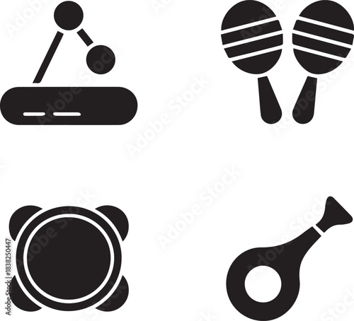 Musical Instruments Silhouette Vector Icon Set. Percussion Drums, Music Production Gear, and Traditional Instruments Collection.
