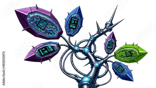 Artificial plant: the futuristic, surreal image of an artificial plant with sparkling gems as leaves, which has screens inside.