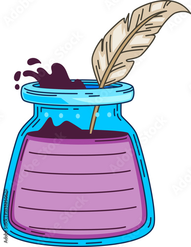 Kids memo note frame of inkwell and quill feather for message sticker, cartoon vector. Kids memo note label of paper sheet for message post with color line frame of poet writer inkwell with ink quill