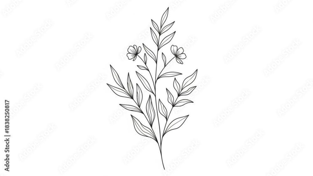 Fototapeta premium Delicate Floral Illustration: A sophisticated black and white botanical illustration of a sprig of leaves and petite flowers, a perfect blend of elegance and simplicity.
