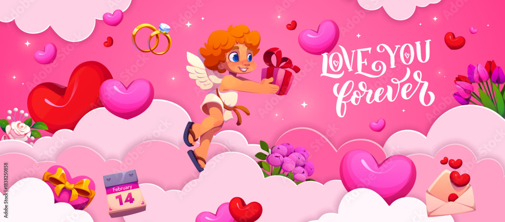 Obraz premium Valentine day paper cut banner with love you forever quote, cartoon vector. Cheerful cupid cherub or angel with love gifts and flowers in paper cut clouds sky for Valentine day holiday greeting card