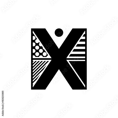 Tactile alphabet black letter x made of four patterned quadrants with a dot above