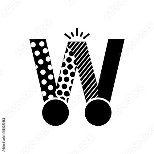Tactile alphabet letter w monogram logo icon in black and white with polka dots and stripes patterns, white