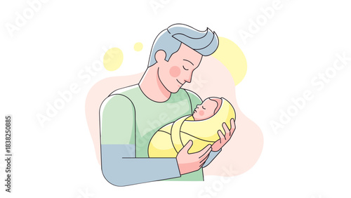 Loving Father Holding Newborn Baby in Soft Pastel Illustration for Fatherhood, Parenting Support, and International Father’s Day Concepts