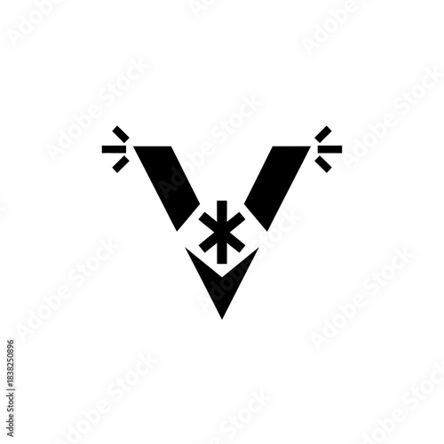 Tactile alphabet black and white abstract letter v logo design with star element