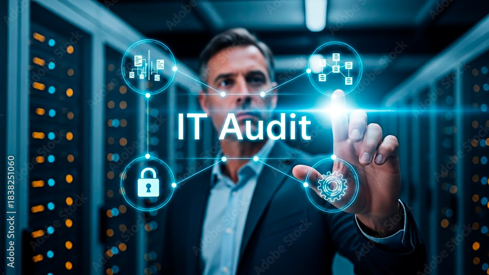 Obraz premium A businessman using IT audit system for the concept of technology and data security.