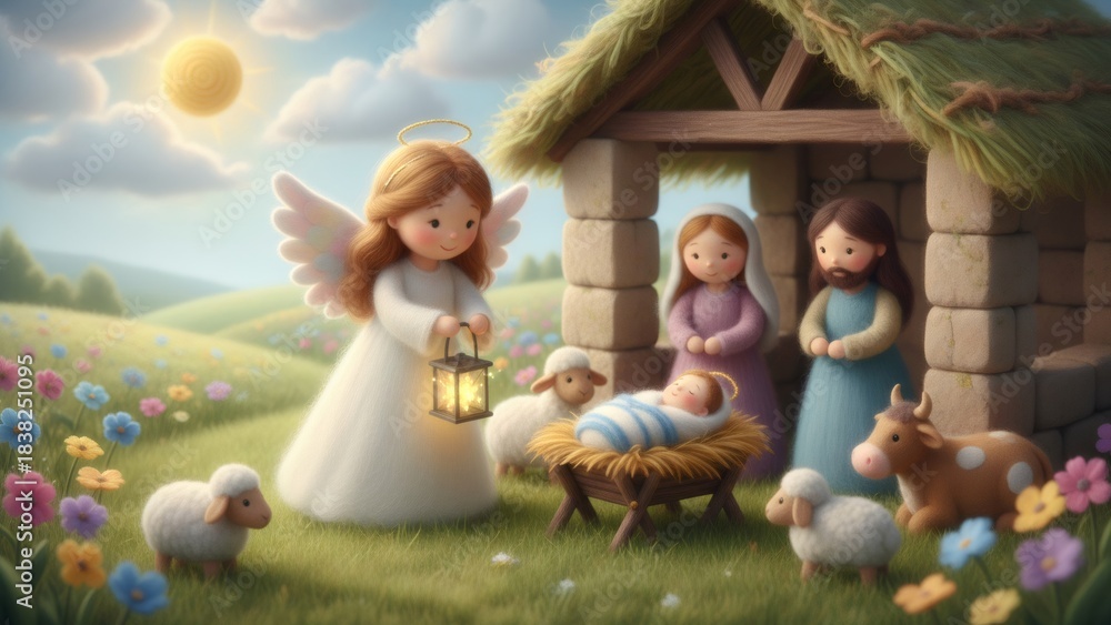 Obraz premium Knitted nativity scene with angel, Mary, Joseph, and baby Jesus in a whimsical outdoor setting for Christmas or other christian holiday.