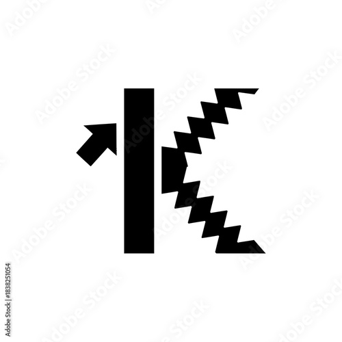 Tactile alphabet black and white icon representing a staircase or escalator with an upward arrow