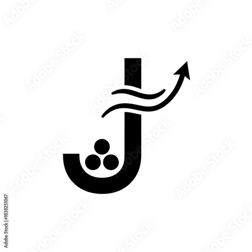 Tactile alphabet black letter j logo icon with three dots, wavy lines, and an upward arrow