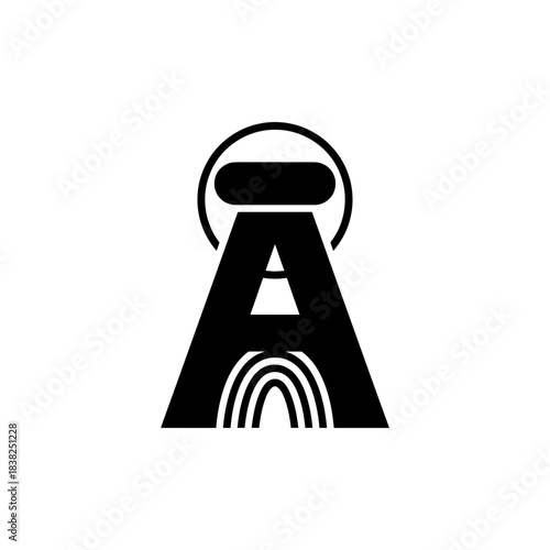 Tactile alphabet black and white stylized letter a with a halo and rainbow element