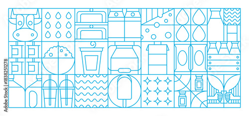 Milk and dairy products in abstract geometric pattern of shapes and figures, vector background. Milk food pattern of geometric cow farm and milk bottle, cottage cheese, and ice cream in mosaic design