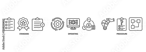 SOP banner web icon vector illustration concept for the standard operating procedure with an icon of instruction, quality, manual, process, operation, sequence, workflow, iteration, and puzzle 