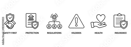 Work safety banner web icon vector illustration for occupational safety and health at work with safety first, protection, regulations, hazards, health, and insurance icon 