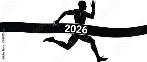 Runner crossing finish line with 2026 banner silhouette illustration