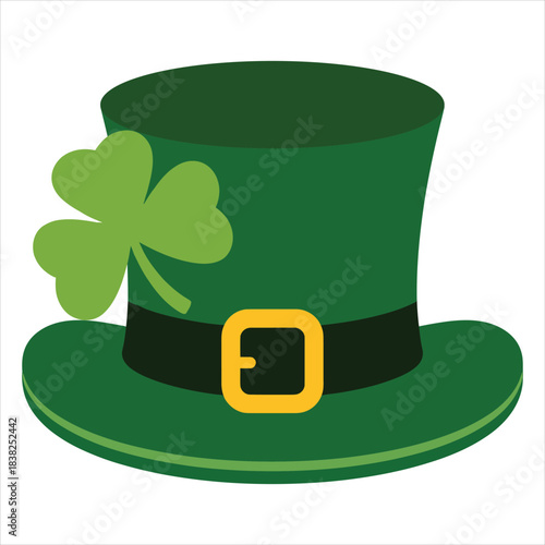 Vibrant green leprechaun hat featuring a lucky threeleaf shamrock and golden buckle for St Patricks Day celebration
