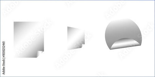 Curled page corner with shadow on transparent background collection. Blank transparent round and square adhesive stickers mock up with curved corner. Empty circle and quadratic sticky label mockup. 