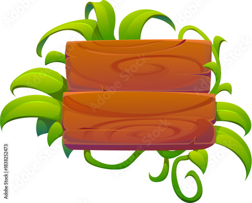 Jungle forest adventure sign of wooden signboard in tropical liana leaves, cartoon vector. Wooden sign board of wood planks in frame of tropical liana leaves for game welcome or direction sign