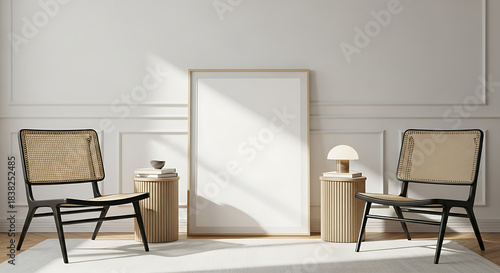 Modern living room interior with blank frame mockup and two chairs