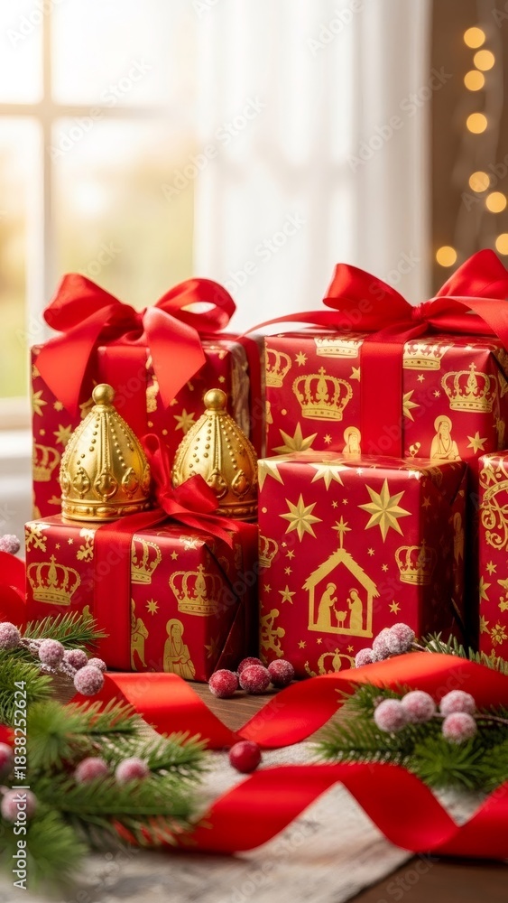 Obraz premium Epiphany celebration concept with wrapped gift box and golden crown. Religious festive decoration for January holiday.