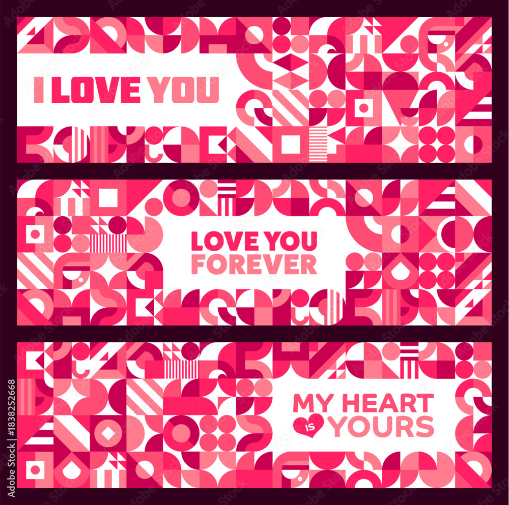 Fototapeta premium Valentine day banners with geometric shapes pattern for love holiday, vector greeting cards. Valentine day, wedding or marriage banners with love quote phrases on abstract pink red geometric shapes