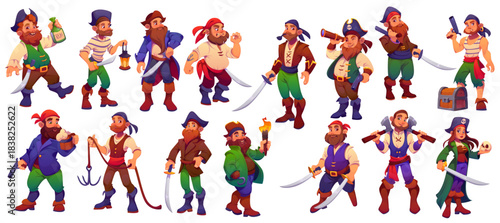 Cartoon pirate captains and corsair sailors characters set with vintage costumes, hats, hook, guns and swords. Vector funny men and woman pirates characters, treasure chest, rum bottle, skull and axe