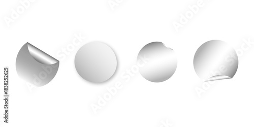 Blank transparent round adhesive stickers mock up with curved corner, 3d rendering. Curled corner of paper on transparent background with soft shadows, realistic paper page mock up.