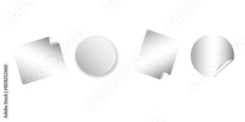 Curled page corner with shadow on transparent background collection. Blank transparent round and square adhesive stickers mock up with curved corner. Empty circle and quadratic sticky label mockup. 