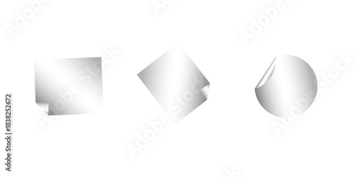 Curled page corner with shadow on transparent background collection. Blank transparent round and square adhesive stickers mock up with curved corner. Empty circle and quadratic sticky label mockup. 