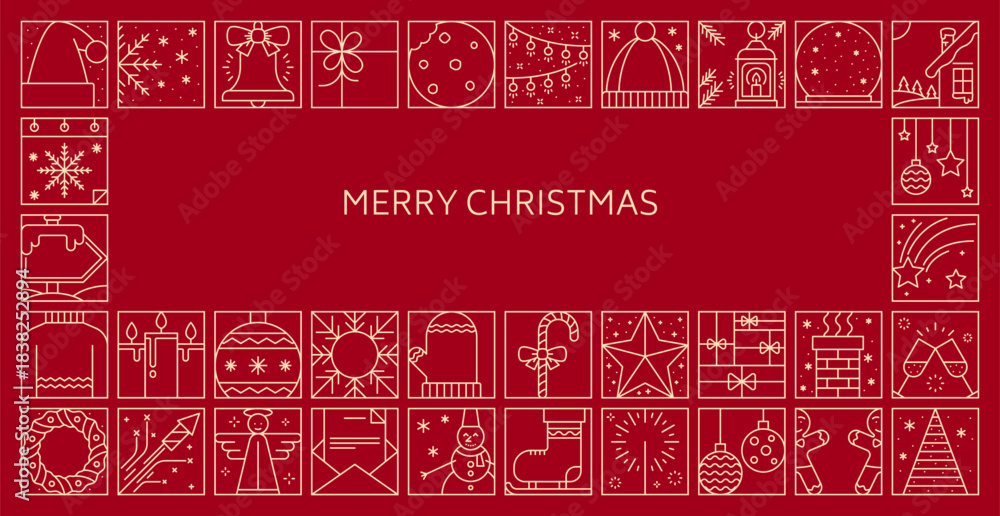 Obraz premium Christmas line ornament greeting card or invitation poster for winter holiday, vector banner. Merry Christmas greeting card with line art decorations, Santa gift and Xmas tree baubles or New Year snow