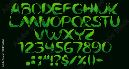Green leaf font, plant typeface, garden tree leaves type, nature english alphabet. Vector spring plant floral font letters and numbers typography set. Fresh green foliage typeface alphabet symbols