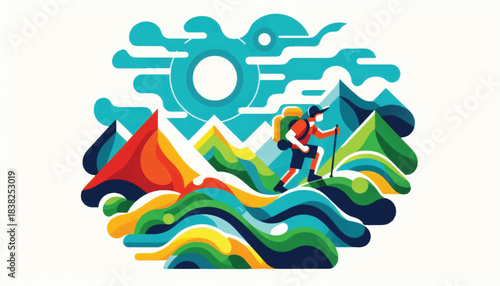 Hiker navigating vibrant stylized mountain landscape under a bright sun.