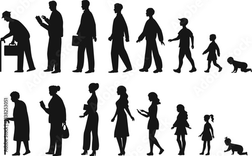 Variations of silhouettes of people of different ages and poses, vector image with no background.9.eps