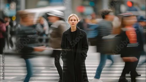 Young woman standing still in busy city street, surrounded by motion blurred people, and focus individuality expressing video 4k