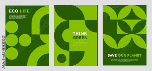 Ecology environment posters with green geometric Bauhaus pattern. Save planet Bauhaus artwork vector banner, environment day and nature protection poster or ecology flyer with green geometric shapes
