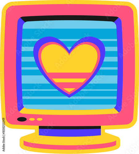 Retro computer CRT monitor Y2K groovy sticker or vintage tag. Electronics technology funky vector tag, 1990s digital gadget patch. PC hardware sticker with love heart on vintage monitor or screen