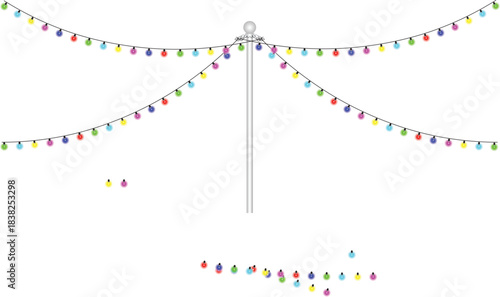 Colorful festive string lights garland hanging from a pole for celebration, party, or holiday decoration isolated on transparent background