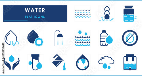 A set of flat icons related to Water. Waves, bottle, shower, pure, drinkable, test, purify, clouds, and so on.