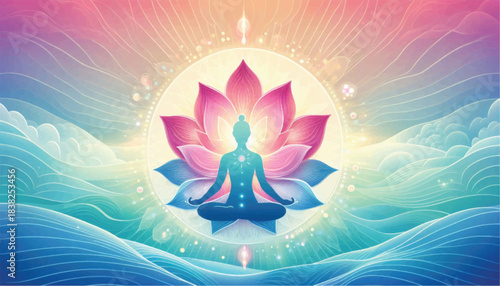 Meditating figure in lotus position with glowing aura and chakra points.