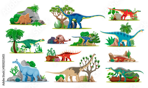 Prehistoric dinosaurs funny cartoon characters. Prehistoric animals cute vector personages. Triceratops, Quaesitosaurus, Anatotitan, Kileskus and Doedicurus dinosaurs characters with plants and rocks