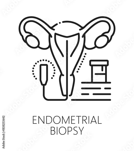 Endometrial biopsy gynecology, reproductive medicine line icon. Pregnancy health and fertility outline symbol, reproductive health vector pictogram. Gynecology procedure medicine icon with uterus