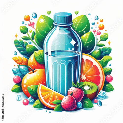 Refreshing water bottle with vibrant assortment of fresh fruits and green leaves.