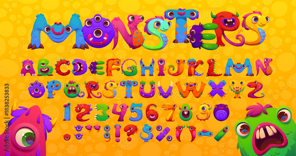 Ταπετσαρία Bugaboo font of monsters and bogle typeface letters and scarecrow alphabet, vector type