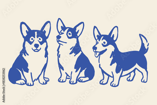 Three corgi dogs doodle cartoon sketch vector illustration