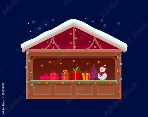 Christmas market booth and winter holiday street bazaar store kiosk, cartoon vector. Christmas market stall with New Year gifts and decorated with toy snowman, Christmas lights string and snow on roof